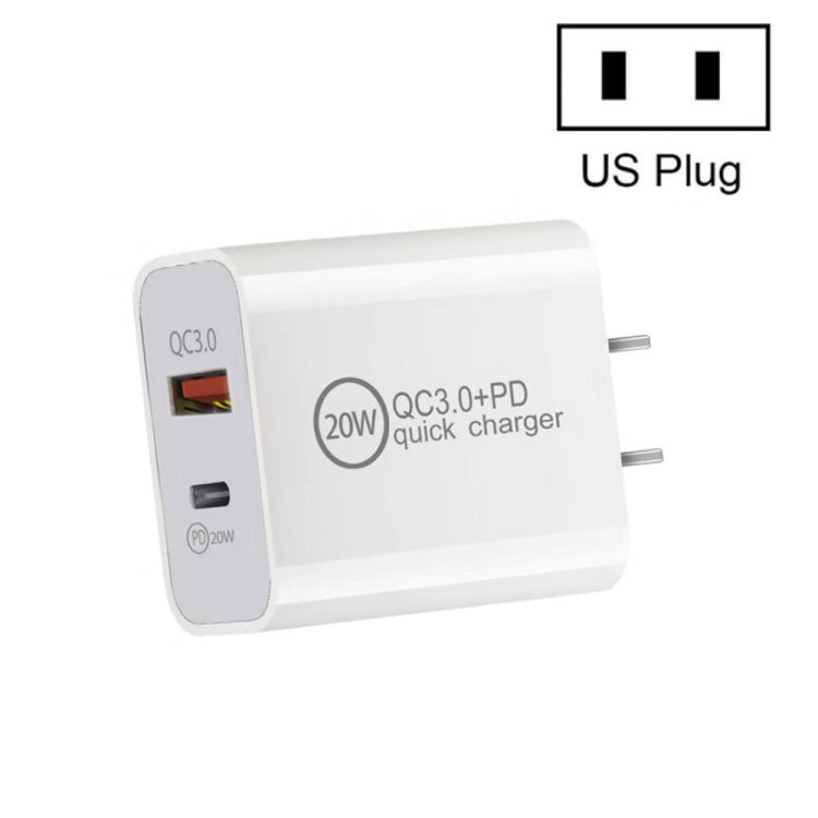 Dual Fast Charging 20W PD3.0+QC 3.0 Interface Travel Charger for iPhone, Huawei, Samsung, Xiaomi�...