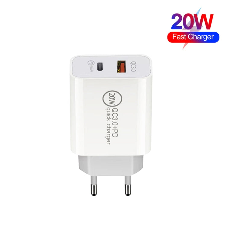 20W PD Type-C + QC 3.0 USB Interface Fast Charging Travel Charger with USB to Type-C Fast Charge ...