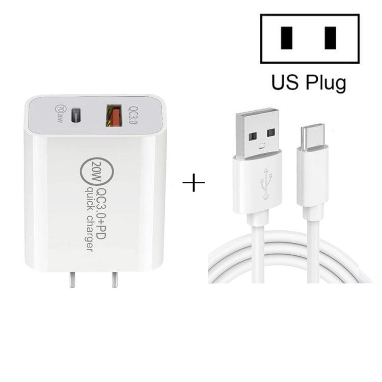 20W PD Type-C + QC 3.0 USB Interface Fast Charging Travel Charger with USB to Type-C Fast Charge ...