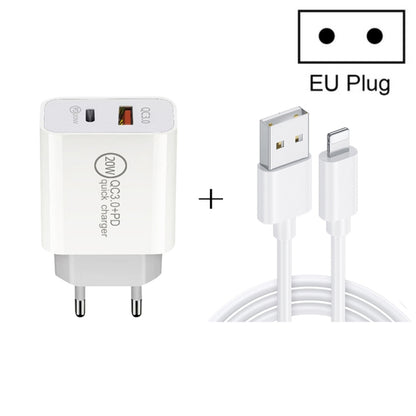 20W PD Type-C + QC 3.0 USB Interface Fast Charging Travel Charger with USB to 8 Pin Fast Charge D...