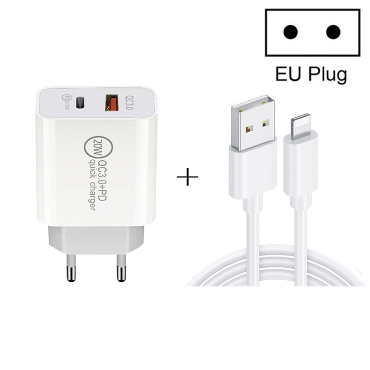 20W PD Type-C + QC 3.0 USB Interface Fast Charging Travel Charger with USB to 8 Pin Fast Charge D...