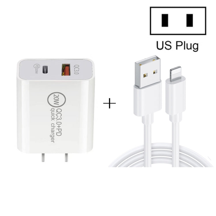 20W PD Type-C + QC 3.0 USB Interface Fast Charging Travel Charger with USB to 8 Pin Fast Charge D...