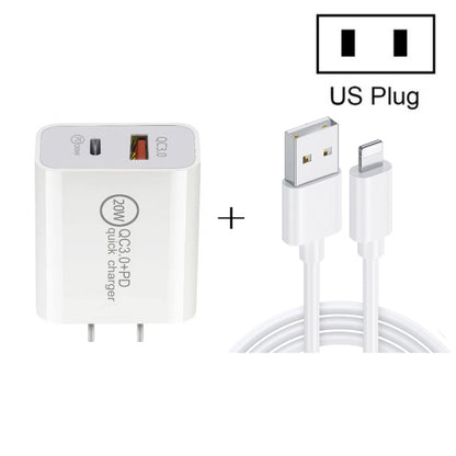20W PD Type-C + QC 3.0 USB Interface Fast Charging Travel Charger with USB to 8 Pin Fast Charge D...