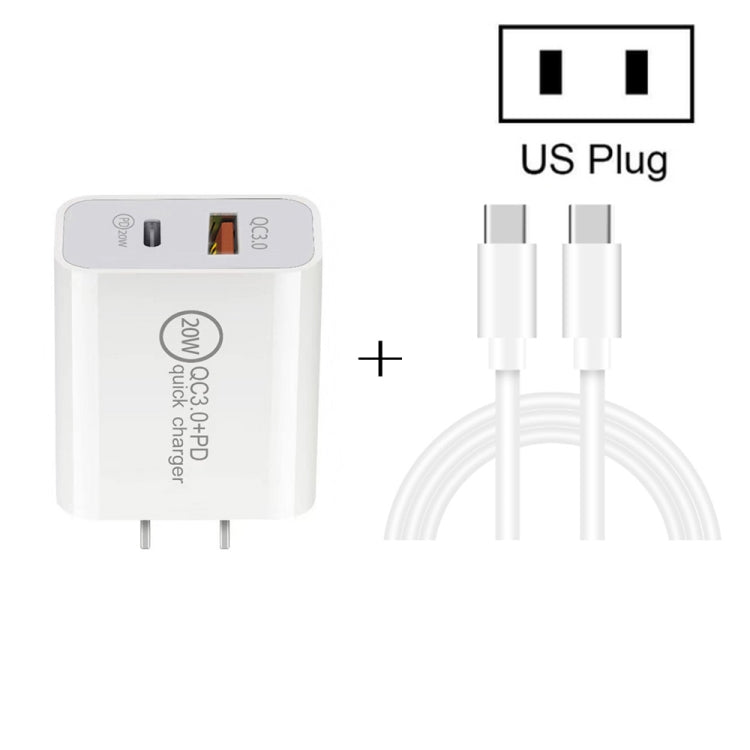 20W PD Type-C + QC 3.0 USB Interface Fast Charging Travel Charger with USB-C / Type-C to Type-C F...