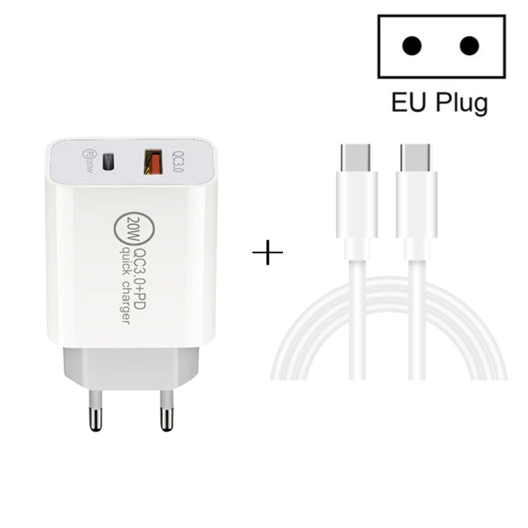 20W PD Type-C + QC 3.0 USB Interface Fast Charging Travel Charger with USB-C / Type-C to Type-C F...