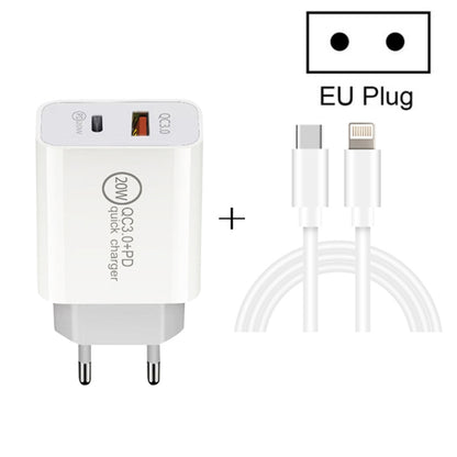 20W PD Type-C + QC 3.0 USB Interface Fast Charging Travel Charger with USB-C / Type-C to 8 Pin Fa...