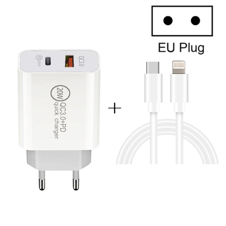 20W PD Type-C + QC 3.0 USB Interface Fast Charging Travel Charger with USB-C / Type-C to 8 Pin Fa...