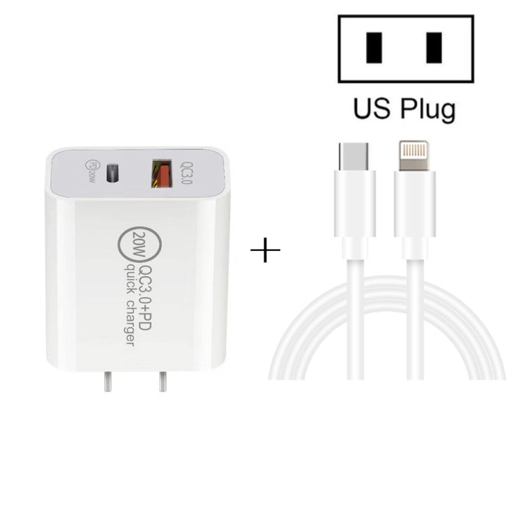 20W PD Type-C + QC 3.0 USB Interface Fast Charging Travel Charger with USB-C / Type-C to 8 Pin Fa...