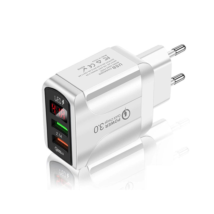 F002C QC3.0 USB + USB 2.0 Fast Charger with LED Digital Display for Mobile Phones and Tablets, EU...