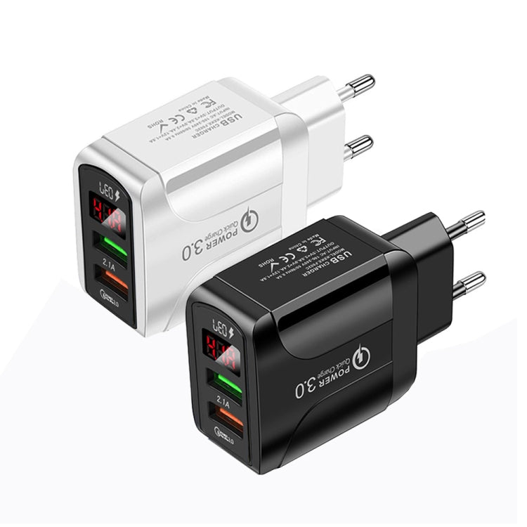 F002C QC3.0 USB + USB 2.0 Fast Charger with LED Digital Display for Mobile Phones and Tablets, EU...