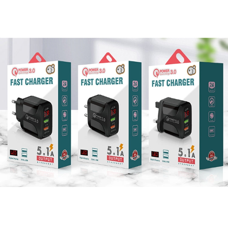 F002C QC3.0 USB + USB 2.0 Fast Charger with LED Digital Display for Mobile Phones and Tablets, EU...