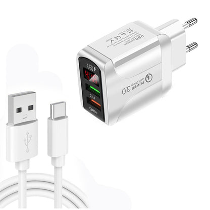 F002C QC3.0 USB + USB 2.0 LED Digital Display Fast Charger with USB to Type-C Data Cable, EU Plug...