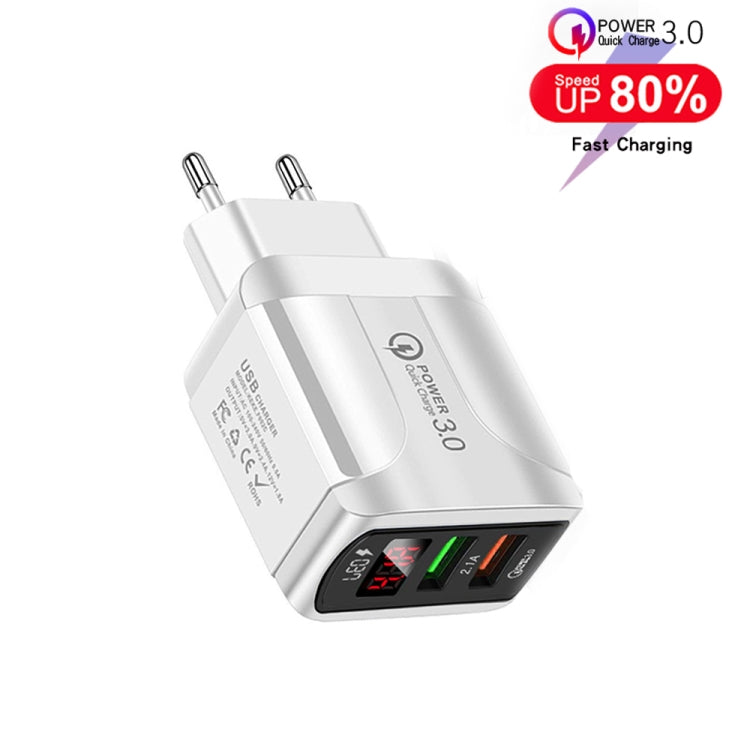 F002C QC3.0 USB + USB 2.0 LED Digital Display Fast Charger with USB to Type-C Data Cable, EU Plug...