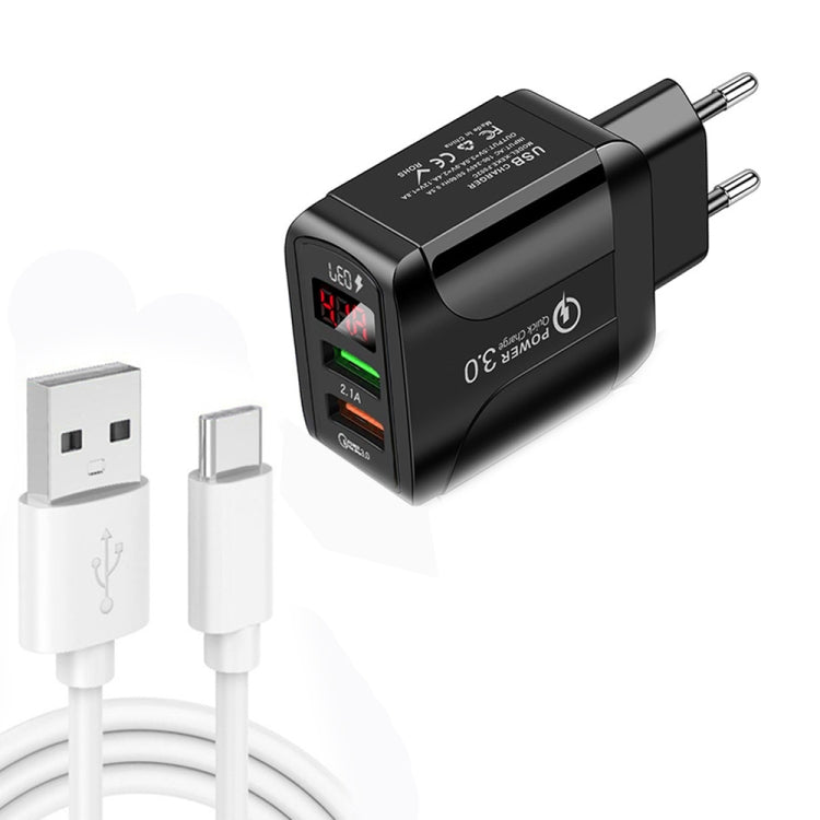 F002C QC3.0 USB + USB 2.0 LED Digital Display Fast Charger with USB to Type-C Data Cable, EU Plug...