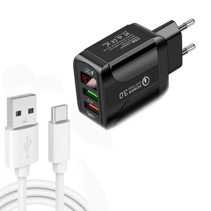 F002C QC3.0 USB + USB 2.0 LED Digital Display Fast Charger with USB to Type-C Data Cable, EU Plug...