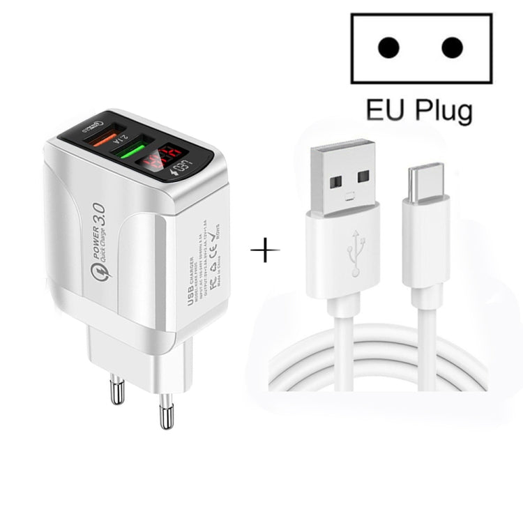 F002C QC3.0 USB + USB 2.0 LED Digital Display Fast Charger with USB to Type-C Data Cable, EU Plug...