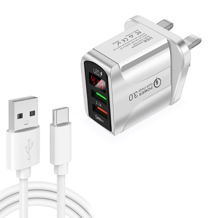 F002C QC3.0 USB + USB 2.0 LED Digital Display Fast Charger with USB to Type-C Data Cable, UK Plug...