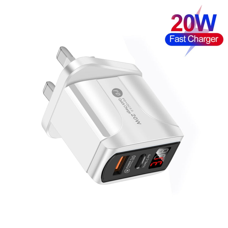 F002C QC3.0 USB + USB 2.0 LED Digital Display Fast Charger with USB to Type-C Data Cable, UK Plug...