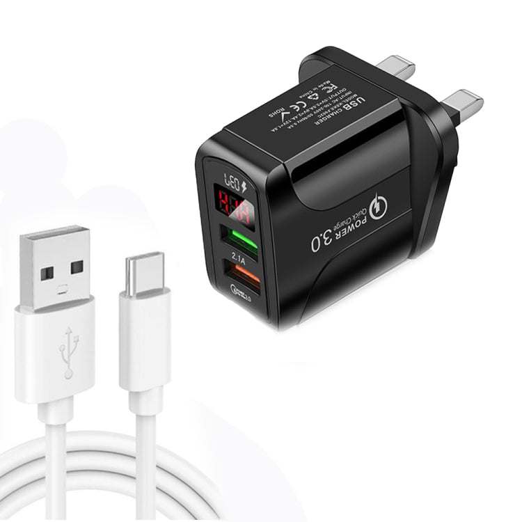 F002C QC3.0 USB + USB 2.0 LED Digital Display Fast Charger with USB to Type-C Data Cable, UK Plug...