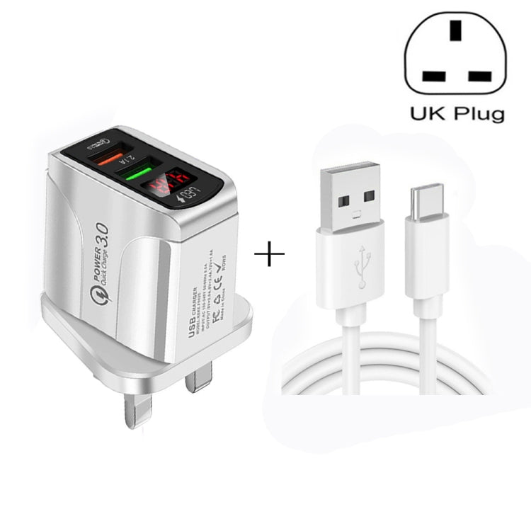 F002C QC3.0 USB + USB 2.0 LED Digital Display Fast Charger with USB to Type-C Data Cable, UK Plug...