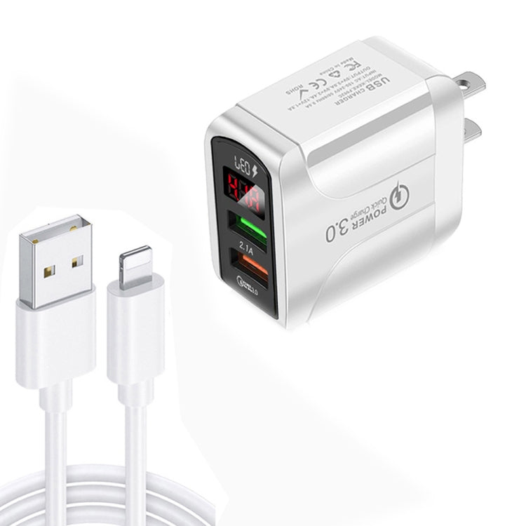 F002C QC3.0 USB + USB 2.0 LED Digital Display Fast Charger with USB to 8 Pin Data Cable, US Plug�...