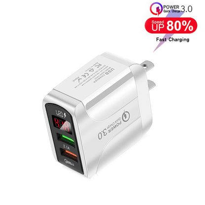 F002C QC3.0 USB + USB 2.0 LED Digital Display Fast Charger with USB to 8 Pin Data Cable, US Plug�...
