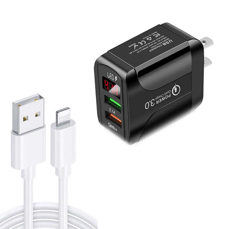 F002C QC3.0 USB + USB 2.0 LED Digital Display Fast Charger with USB to 8 Pin Data Cable, US Plug�...