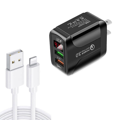 F002C QC3.0 USB + USB 2.0 LED Digital Display Fast Charger with USB to 8 Pin Data Cable, US Plug�...