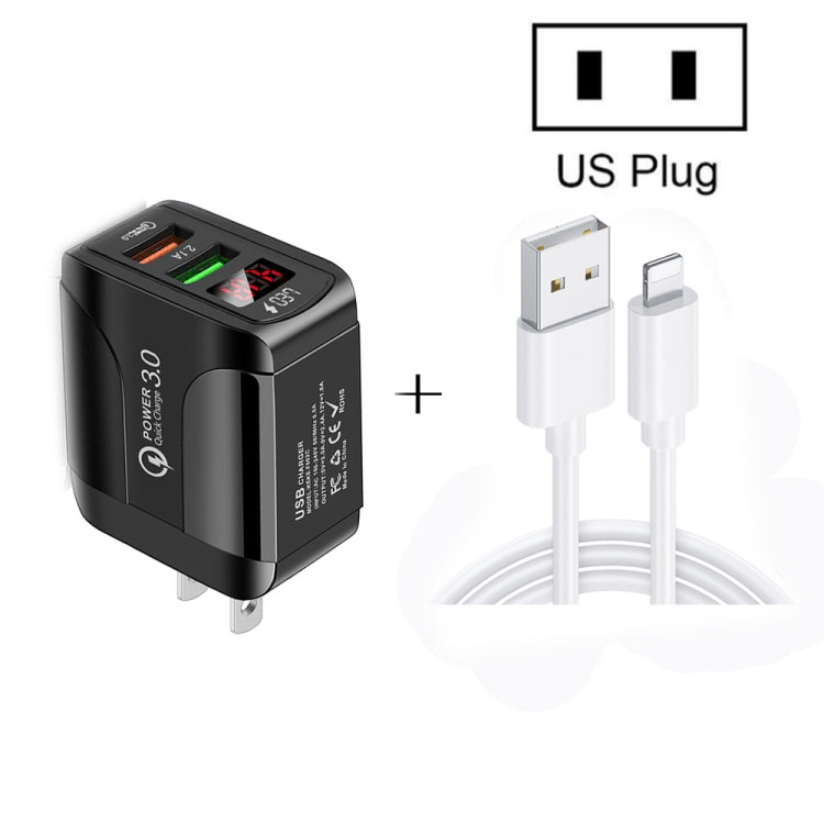 F002C QC3.0 USB + USB 2.0 LED Digital Display Fast Charger with USB to 8 Pin Data Cable, US Plug�...