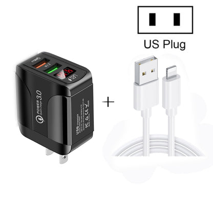 F002C QC3.0 USB + USB 2.0 LED Digital Display Fast Charger with USB to 8 Pin Data Cable, US Plug�...