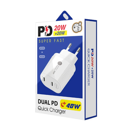 40W Dual Port PD / Type-C Fast Charger with Type-C to Type-C Data Cable, EU Plug�����������������...