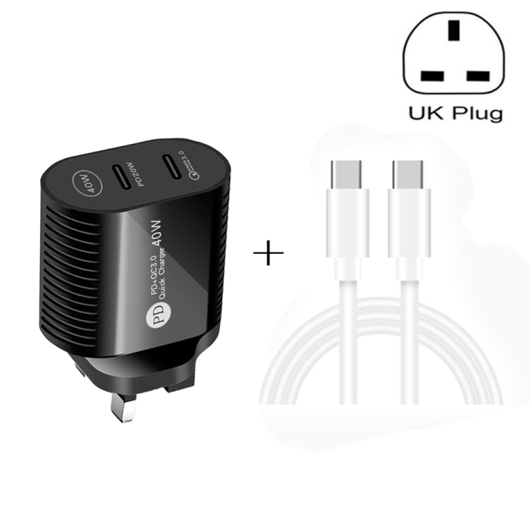 40W Dual Port PD / Type-C Fast Charger with Type-C to Type-C Data Cable, UK Plug�����������������...