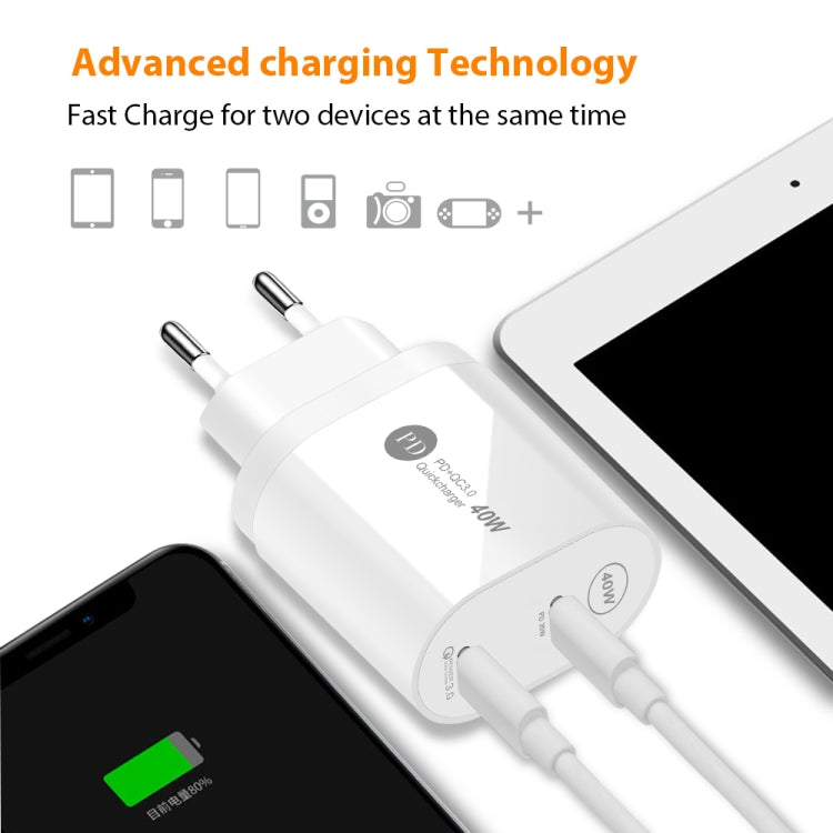 40W Dual Port PD / Type-C Fast Charger with Type-C to Type-C Data Cable, UK Plug�����������������...