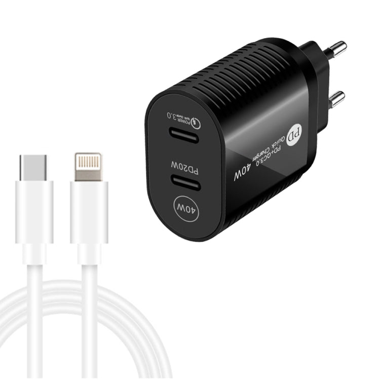 40W Dual Port PD / Type-C Fast Charger with Type-C to 8 Pin Data Cable, EU Plug������������������...