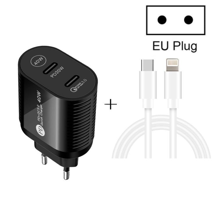 40W Dual Port PD / Type-C Fast Charger with Type-C to 8 Pin Data Cable, EU Plug������������������...