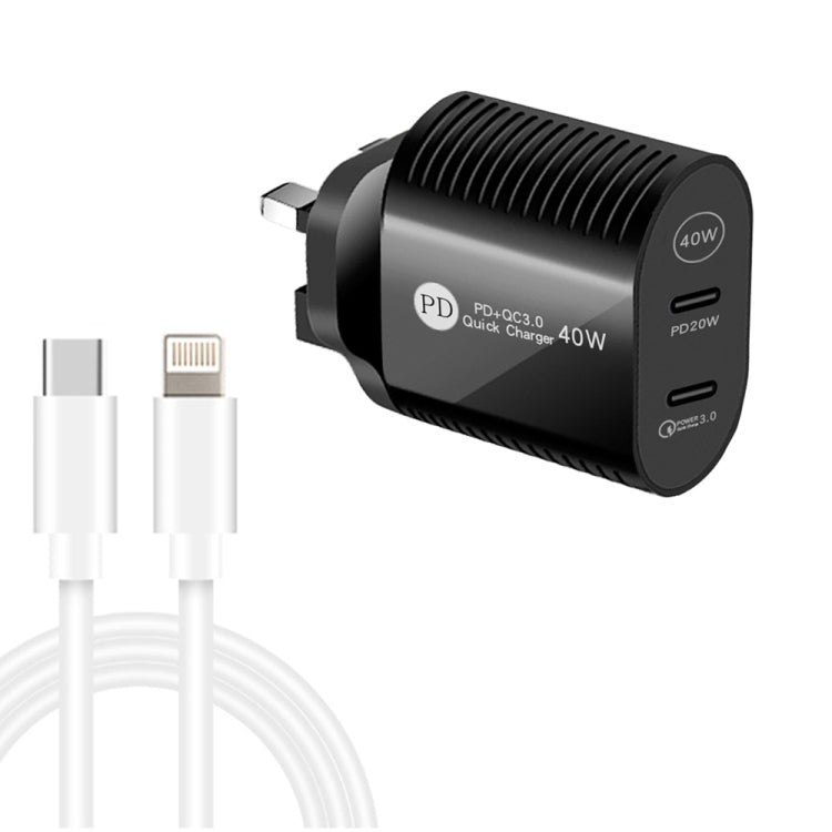 40W Dual Port PD / Type-C Fast Charger with Type-C to 8 Pin Data Cable, UK Plug������������������...