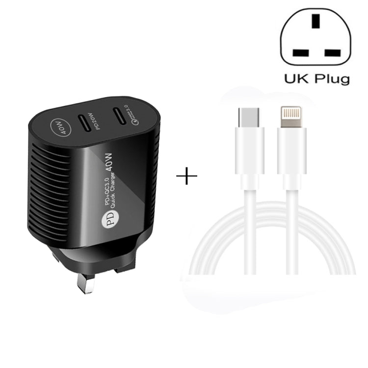40W Dual Port PD / Type-C Fast Charger with Type-C to 8 Pin Data Cable, UK Plug������������������...