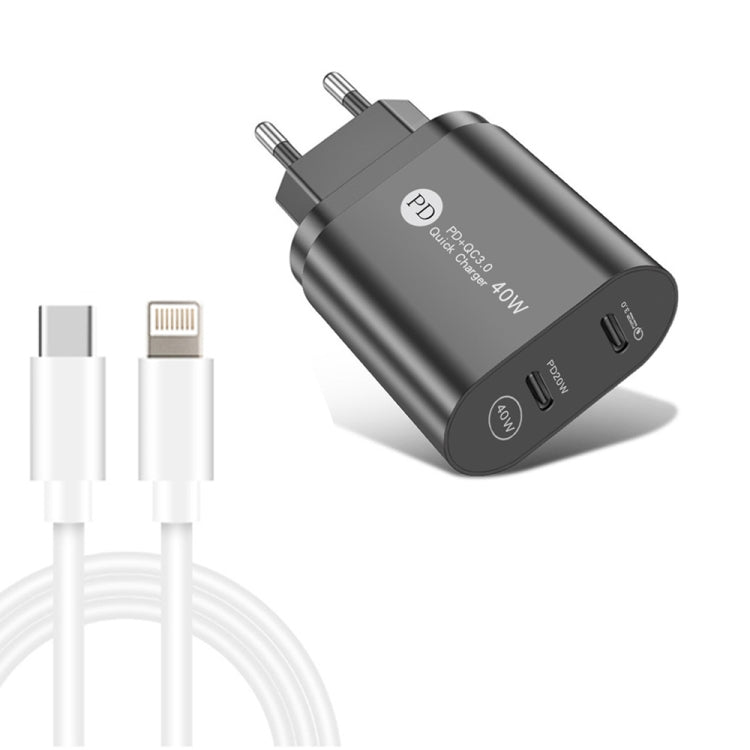 002 40W Dual Port PD / Type-C Fast Charger with USB-C to 8 Pin Data Cable, EU Plug���������������...