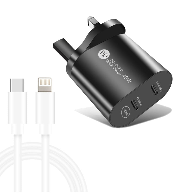 002 40W Dual Port PD / Type-C Fast Charger with USB-C to 8 Pin Data Cable, UK Plug���������������...