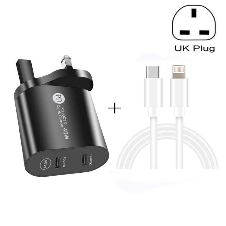 002 40W Dual Port PD / Type-C Fast Charger with USB-C to 8 Pin Data Cable, UK Plug���������������...