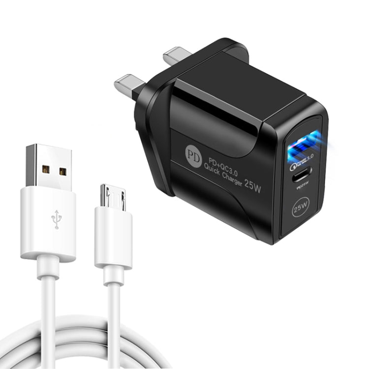 PD25W USB-C / Type-C + QC3.0 USB Dual Ports Fast Charger with USB to Micro USB Data Cable, UK Plu...