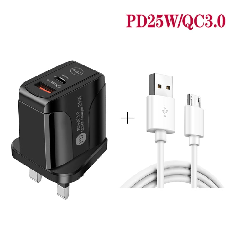 PD25W USB-C / Type-C + QC3.0 USB Dual Ports Fast Charger with USB to Micro USB Data Cable, UK Plu...