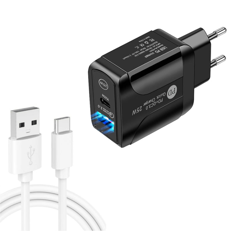 PD25W USB-C / Type-C + QC3.0 USB Dual Ports Fast Charger with USB to Type-C Data Cable, EU Plug��...