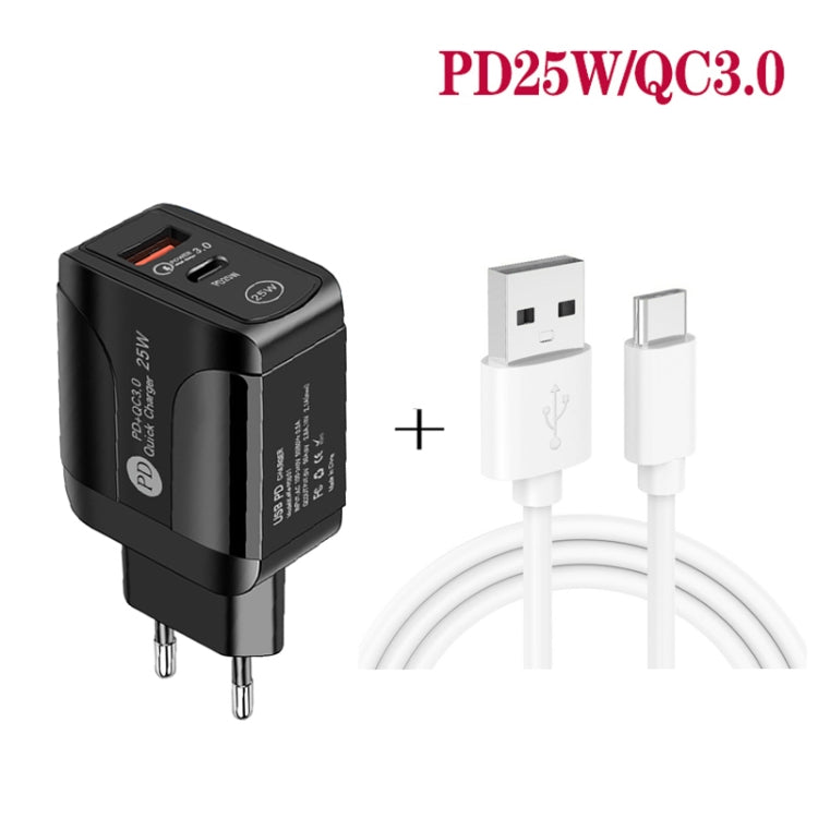 PD25W USB-C / Type-C + QC3.0 USB Dual Ports Fast Charger with USB to Type-C Data Cable, EU Plug��...