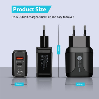 PD25W USB-C / Type-C + QC3.0 USB Dual Ports Fast Charger with USB to Type-C Data Cable, EU Plug��...