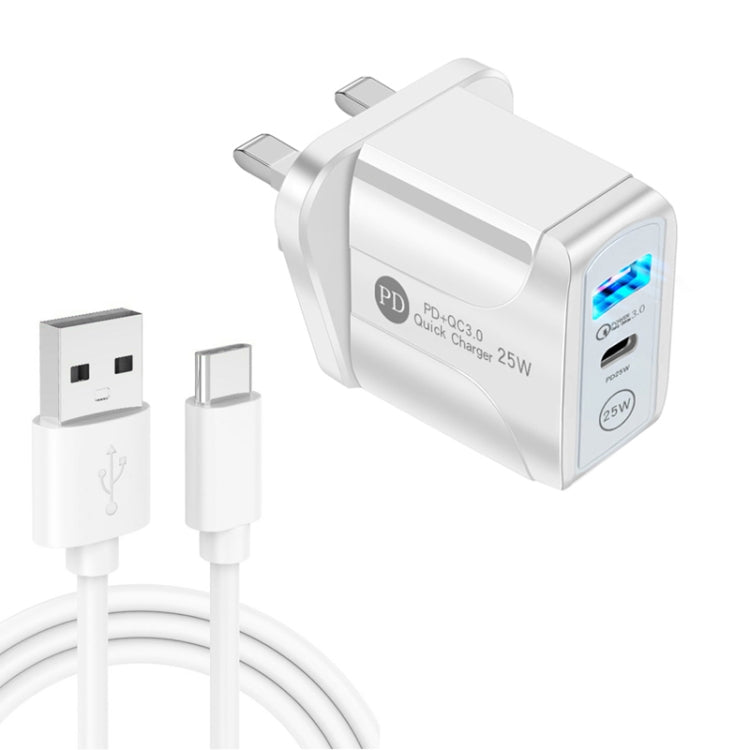 PD25W USB-C / Type-C + QC3.0 USB Dual Ports Fast Charger with USB to Type-C Data Cable, UK Plug��...