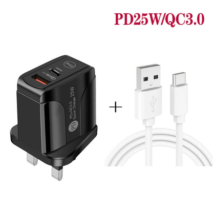 PD25W USB-C / Type-C + QC3.0 USB Dual Ports Fast Charger with USB to Type-C Data Cable, UK Plug��...