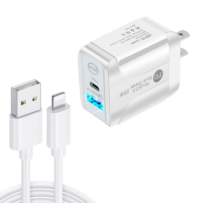 PD25W USB-C / Type-C + QC3.0 USB Dual Ports Fast Charger with USB to 8 Pin Data Cable, US Plug���...