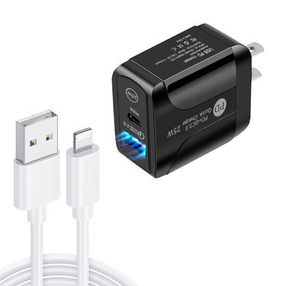 PD25W USB-C / Type-C + QC3.0 USB Dual Ports Fast Charger with USB to 8 Pin Data Cable, US Plug���...