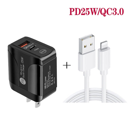 PD25W USB-C / Type-C + QC3.0 USB Dual Ports Fast Charger with USB to 8 Pin Data Cable, US Plug���...